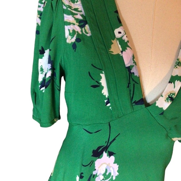 Free People Dress Size 4 Neon Garden Green Floral Mini Fit n Flare  Puff Sleeves - Picture 4 of 14